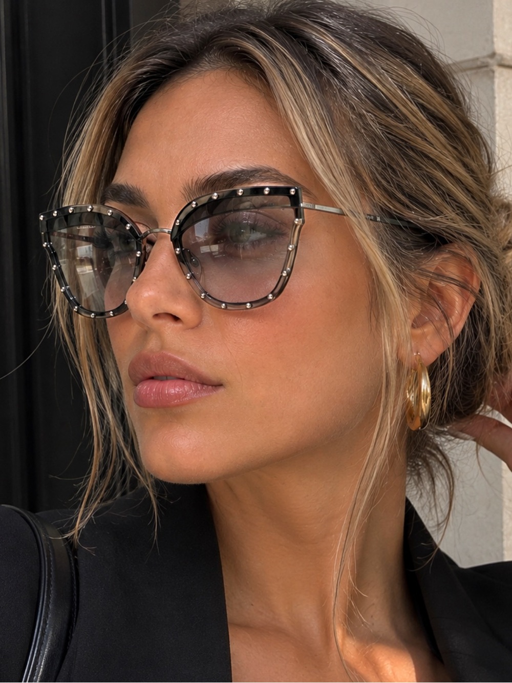 Valentino VA2028 Studded Cat Eye Sunglasses Black Gold 3005/87